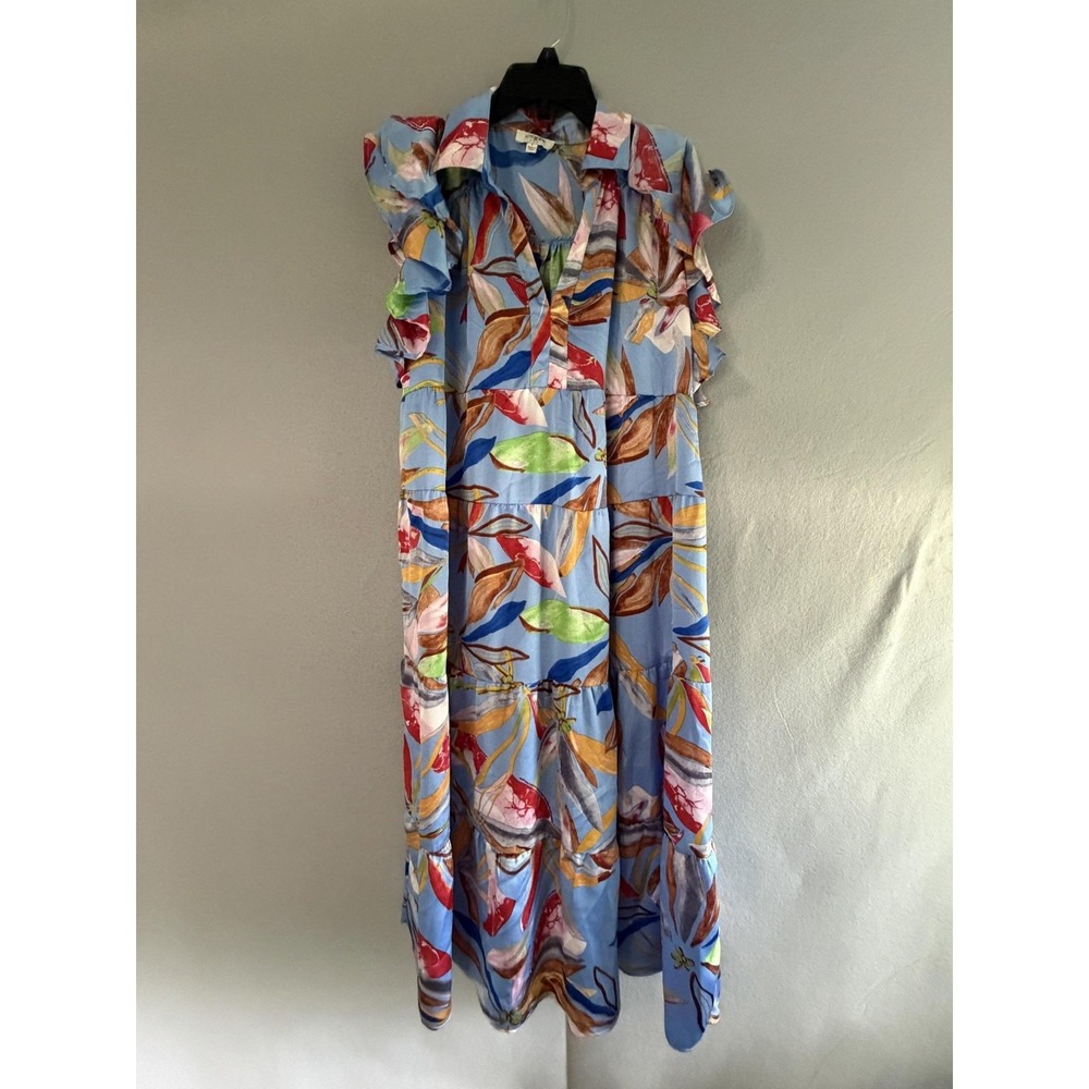 Umgee Dress‎ Womens L Multicolor Floral Collared Flutter Sleeve Maxi Swing Boho
